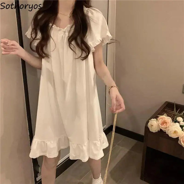 White Nightgowns Women Sweet Kawaii Girls Nightdress Princess Ruffles Square Collar Short Sleeve Summer Lounge Wear Sleepwear - funny happy kids