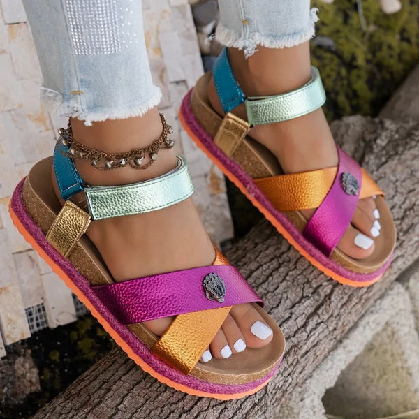 Summer Women Sandals 2026 Fashionable Color Ankle Strap Round Toe Thick Soled Female Shoes New Trendy Casual Comfort Sandals - funny happy kids