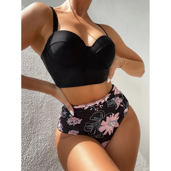 High Waist Swimwear 2025 New Leaf Print Bikinis Women Swimsuit Vintage Retro Bathing Suit Halter Biquini Maillot de bain femme - funny happy kids
