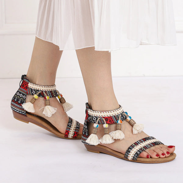 Summer New Women's Sandals Rome Bohemian Flow Su Flat Heel Soft Bottom Comfortable Anti slip Outerwear Tourist Vacation - funny happy kids