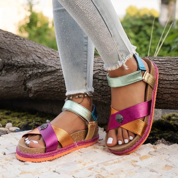Summer Women Sandals 2026 Fashionable Color Ankle Strap Round Toe Thick Soled Female Shoes New Trendy Casual Comfort Sandals - funny happy kids