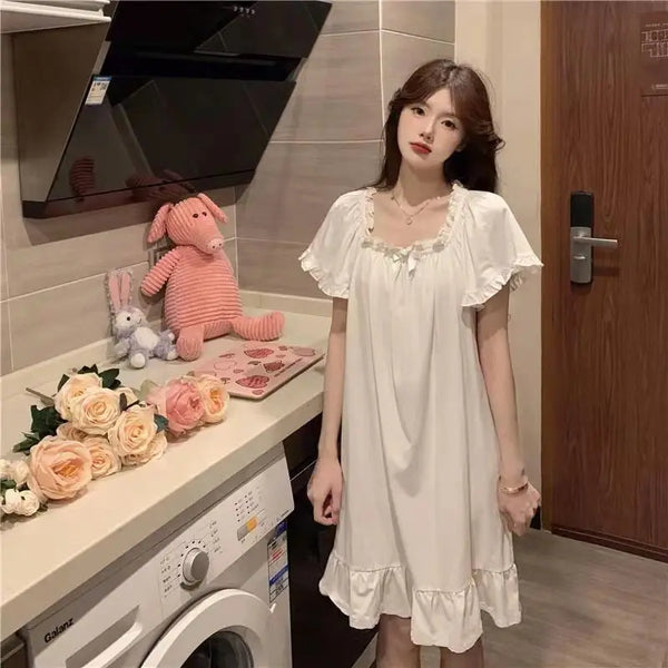White Nightgowns Women Sweet Kawaii Girls Nightdress Princess Ruffles Square Collar Short Sleeve Summer Lounge Wear Sleepwear - funny happy kids