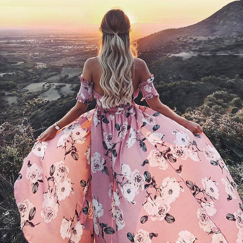 Vestido rosa largo boho hombros al aire - funny happy kids