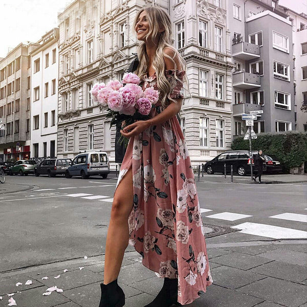 Vestido rosa largo boho hombros al aire - funny happy kids